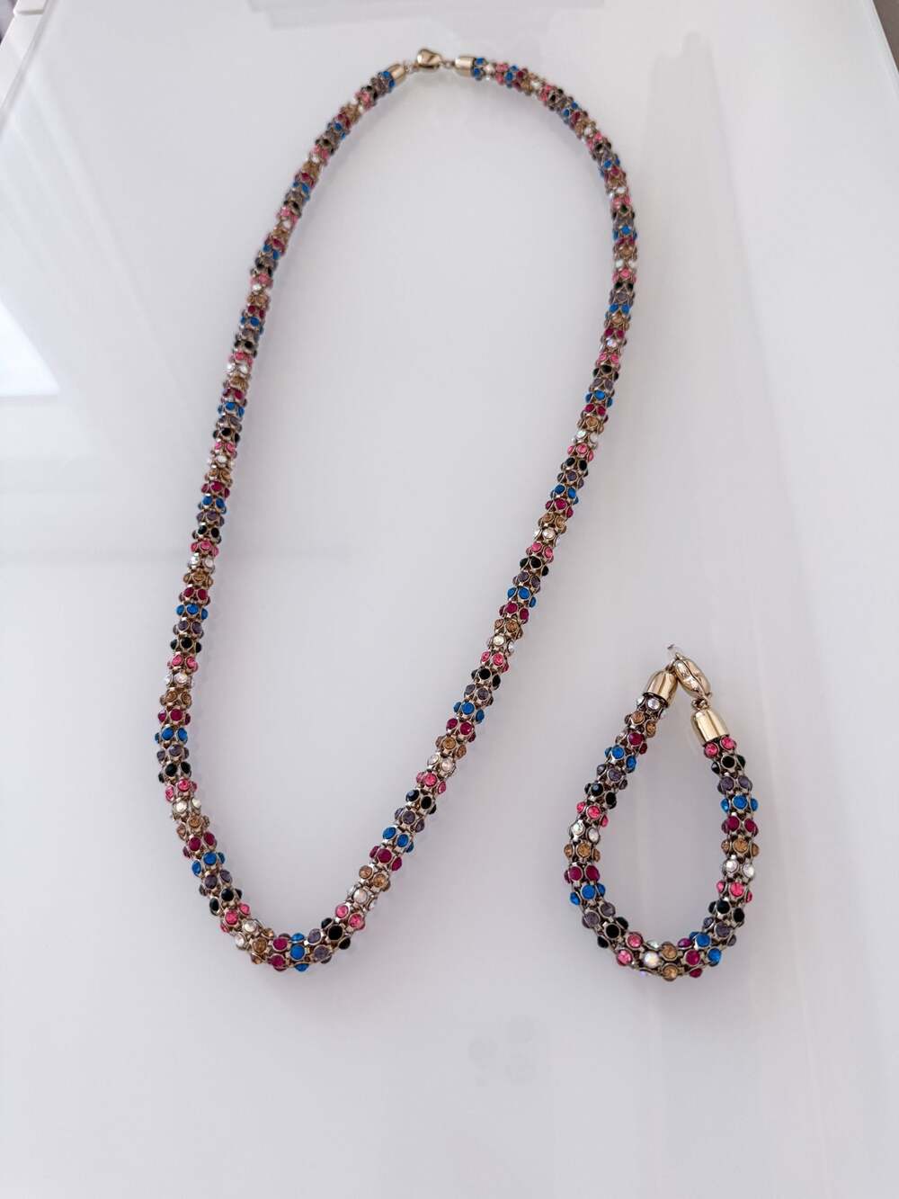 Betsey Johnson Multi-Color Crystal Pave Mesh Rope Necklace and Bracelet Set